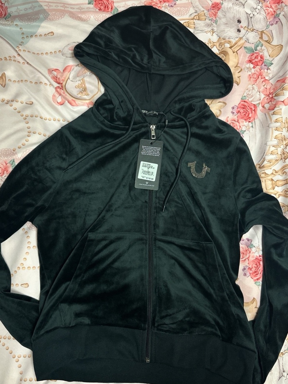 True Religion Black Velour Zip-Up Hoodie with Logo
